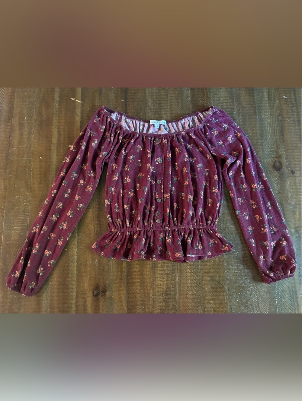 Moa Moa Floral Long Sleeve Blouse in Burgundy Size Small